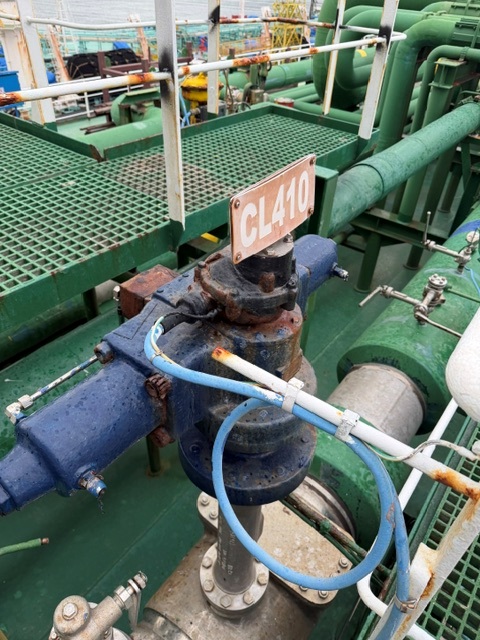 A valve actuator installed on board, tagged for service