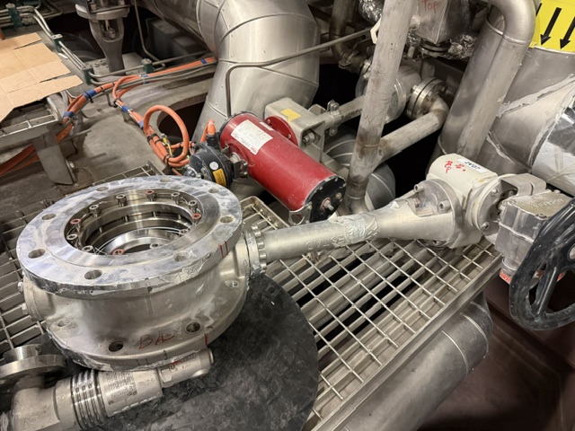 A cryogenic valve and actuator removed from an FGSS installation