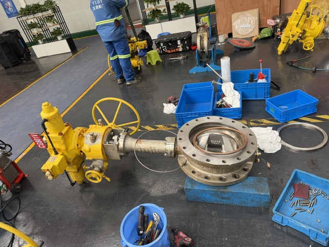 PK Valves butterfly valve with actuator, removed for service